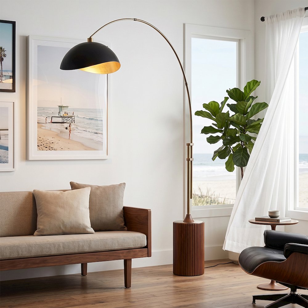 Tambo Luna Bella 92" Arc Lamp - Weathered Brass, Dark Walnut Base, Matte. Picture 4