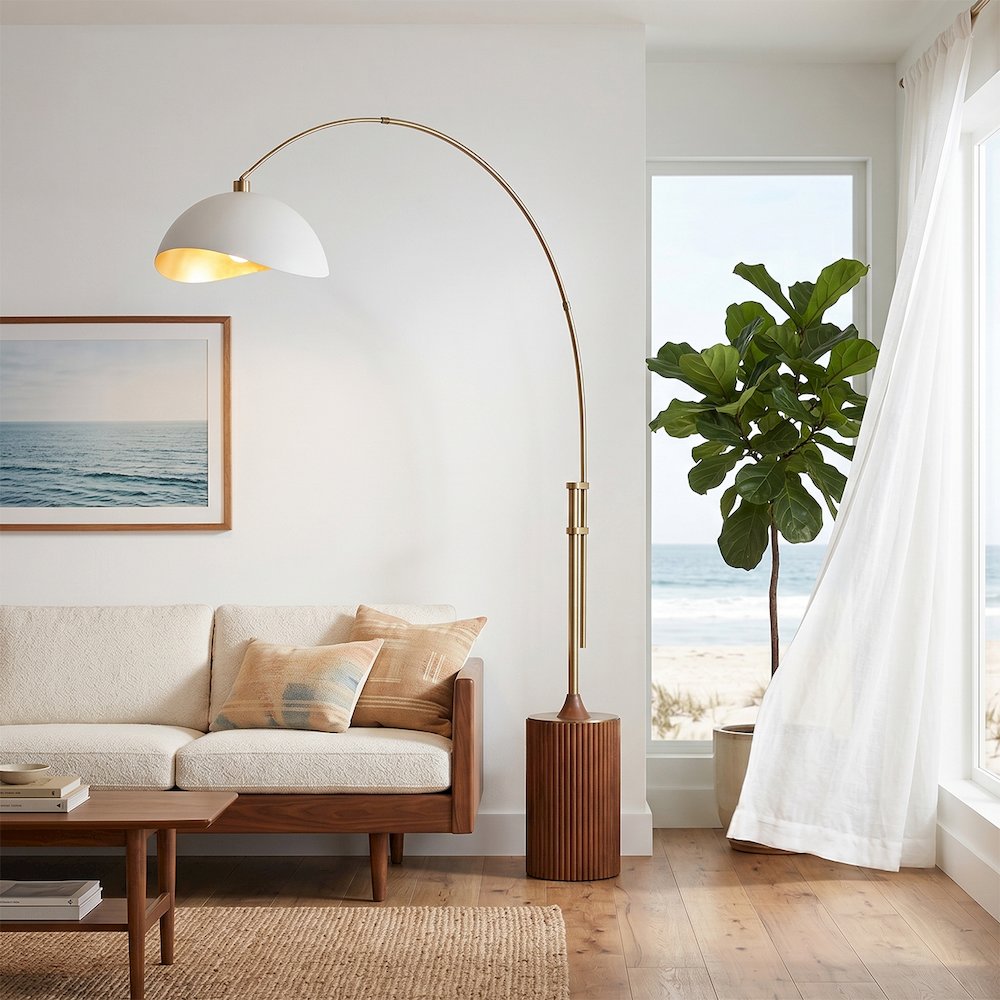 Tambo Luna Bella 92" Arc Lamp - Weathered Brass, Dark Walnut Wood Base, Matte. Picture 2