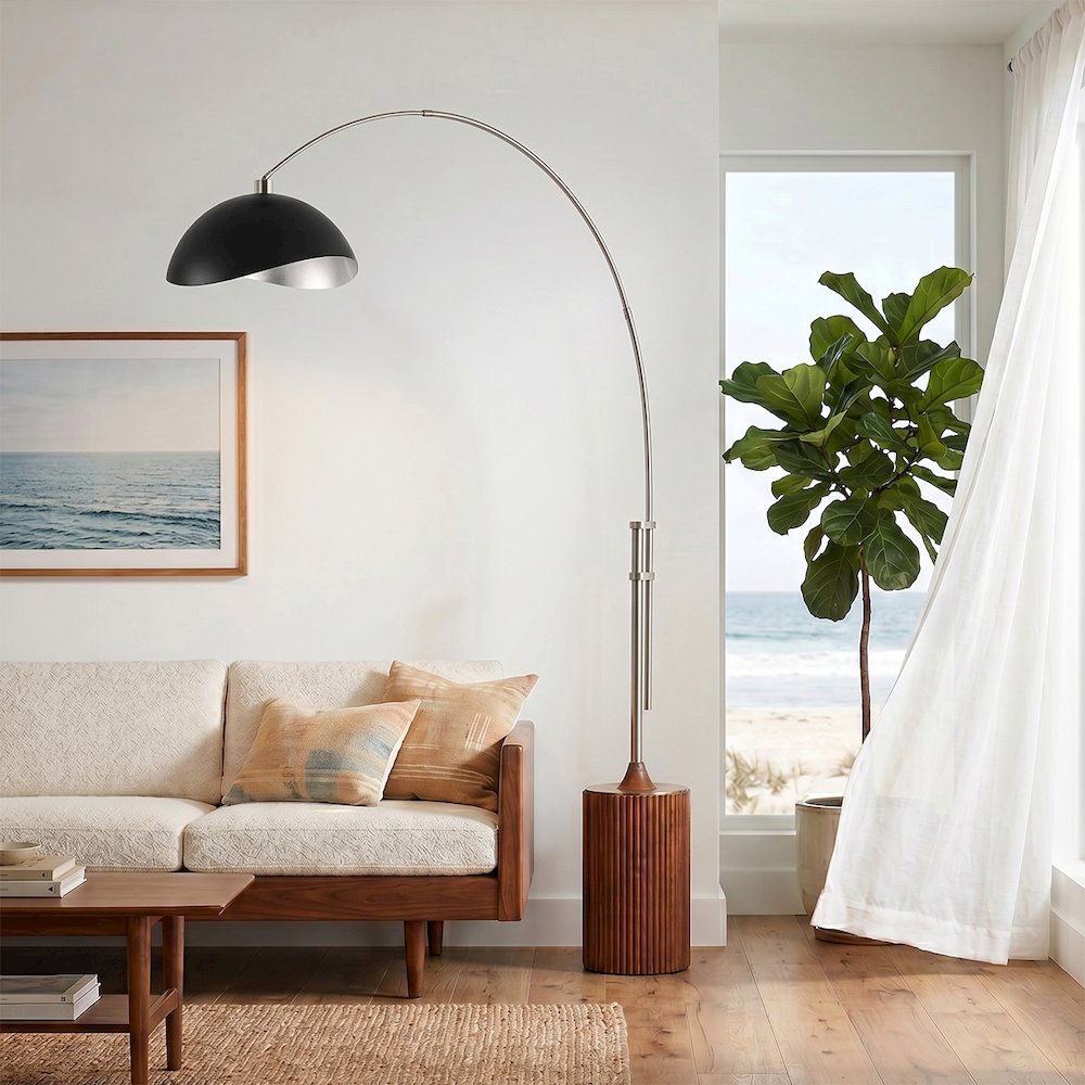 Tambo Luna Bella 92" Arc Lamp - Satin Nickel, Dark Walnut Base, Matte. Picture 2