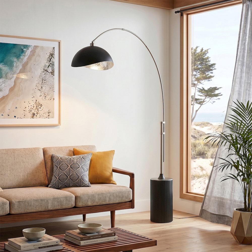 Tambo Luna Bella 92" Arc Lamp - Satin Nickel, Black Oak Base, Matte. Picture 2