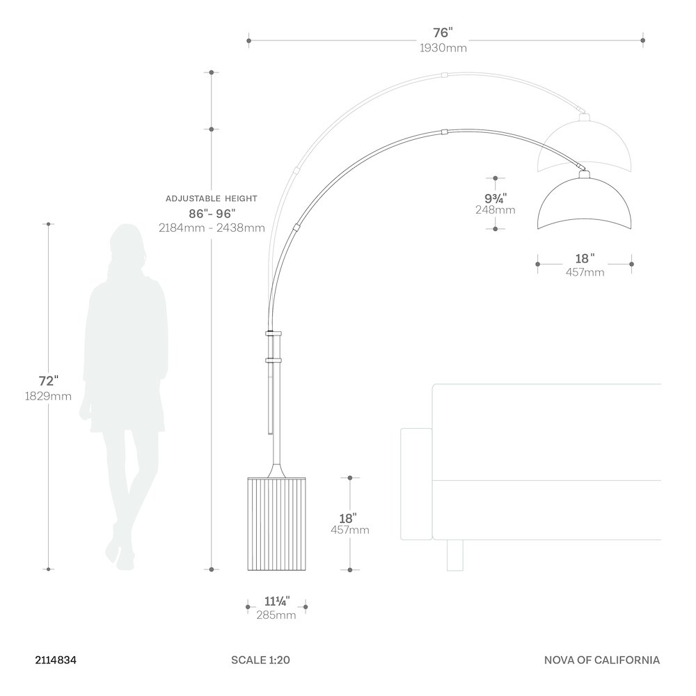Tambo Luna Bella 92"H 1-Light Arc Lamp, Satin Nickel/White-Luna Bella Leaf. Picture 3