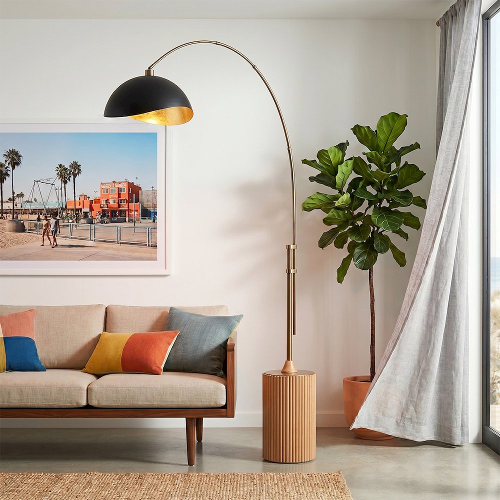 Tambo Luna Bella 92" Arc Lamp - Weathered Brass, Natural Ash Wood Base, Matte. Picture 2