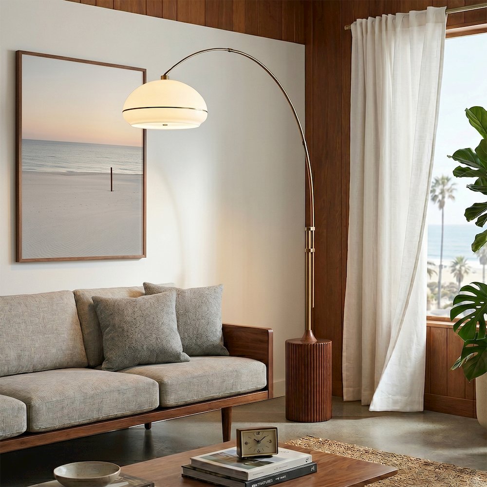Tambo Morelli 92" Arc Lamp - Weathered Brass, Dark Walnut Base, White Oval. Picture 2