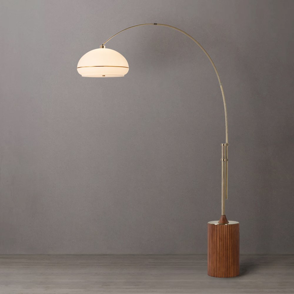 Tambo Morelli 92" Arc Lamp - Weathered Brass, Dark Walnut Base, White Oval. Picture 3