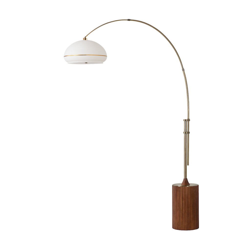 Tambo Morelli 92" Arc Lamp - Weathered Brass, Dark Walnut Base, White Oval. Picture 1