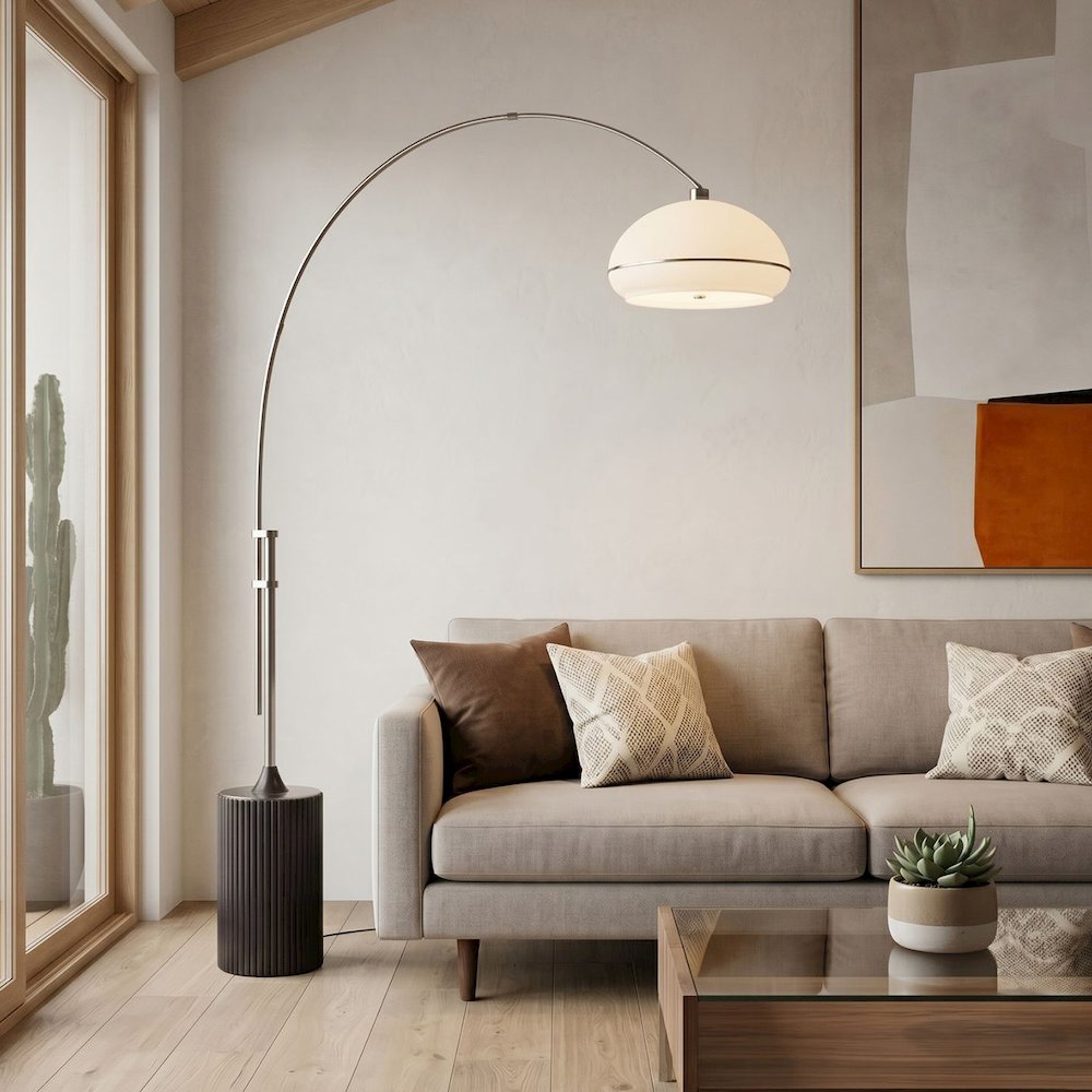 Tambo Morelli 92" Arc Lamp - Satin Nickel Steel, Wood Base, Oval Satin Nickel. Picture 2