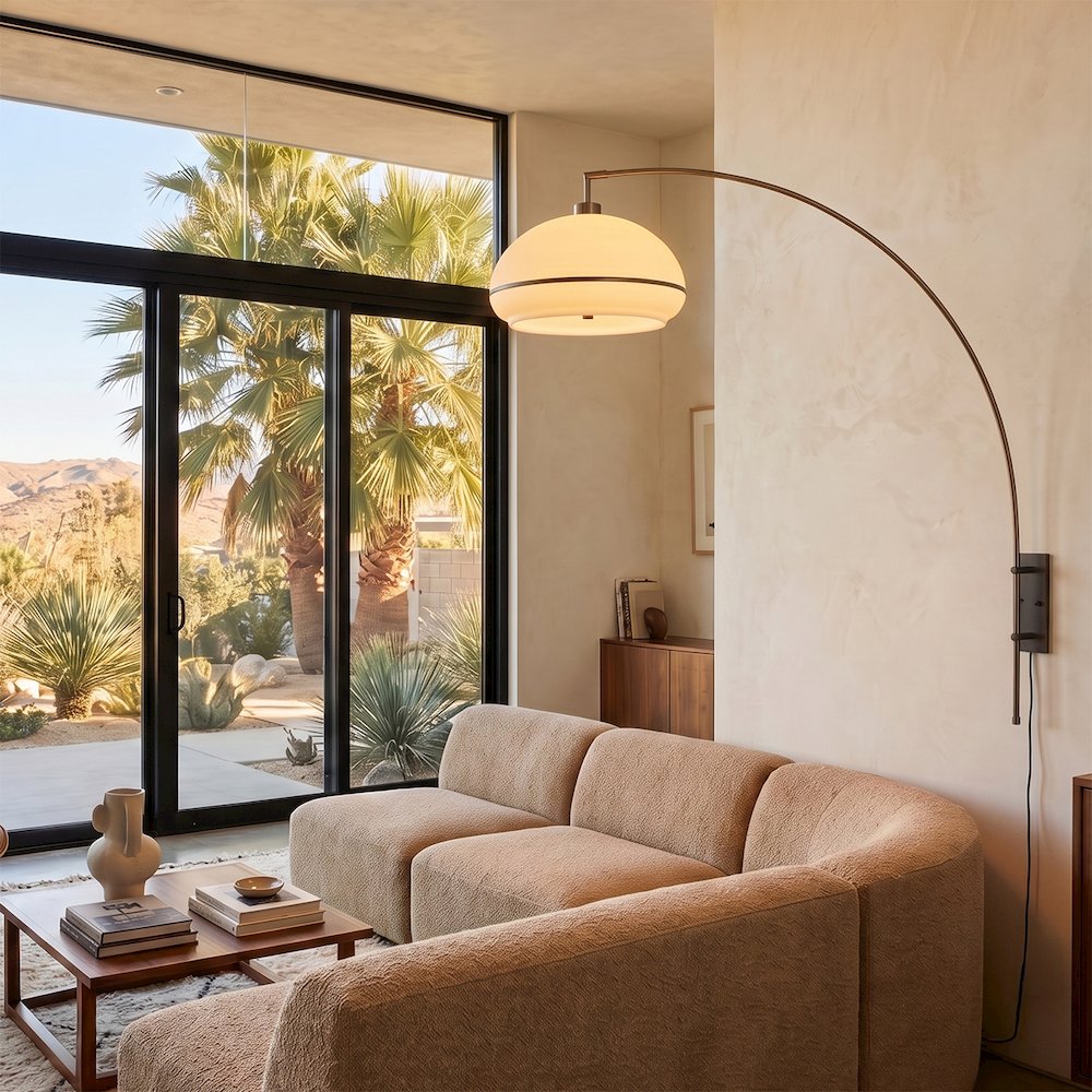 Morelli Wall Mounted Arc Lamp - Weathered Brass Steel, White Linen. Picture 3