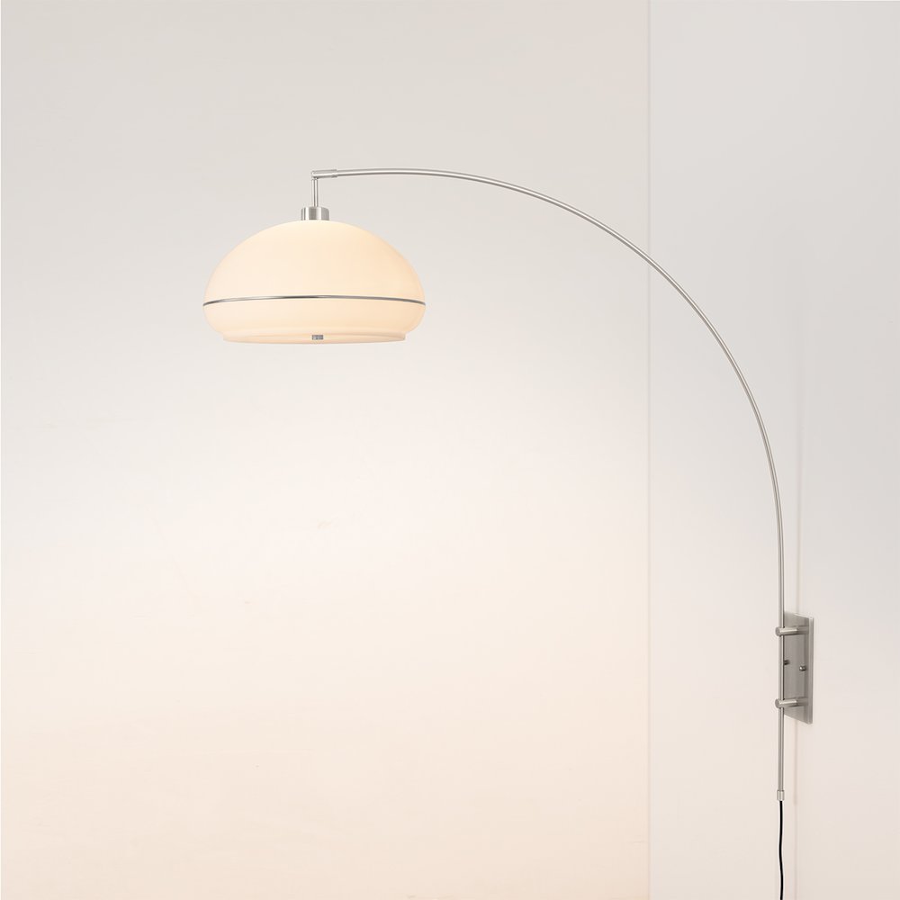 Morelli Wall Mounted Arc Lamp - Weathered Brass Steel, Satin Nickel Base, Drum. Picture 2