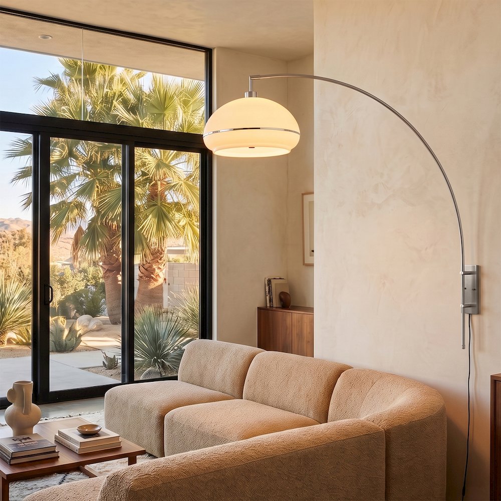 Morelli Wall Mounted Arc Lamp - Weathered Brass Steel, Satin Nickel Base, Drum. Picture 3