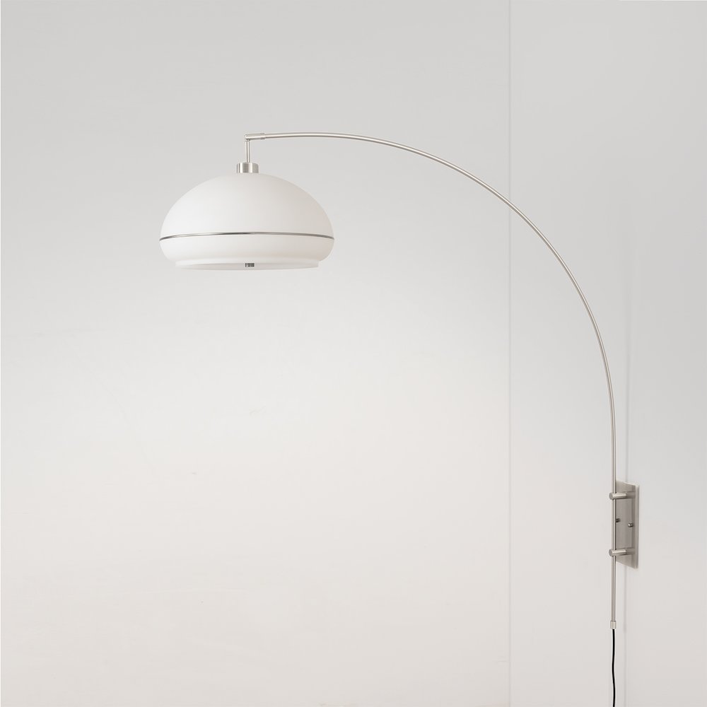 Morelli Wall Mounted Arc Lamp - Weathered Brass Steel, Satin Nickel Base, Drum. Picture 4