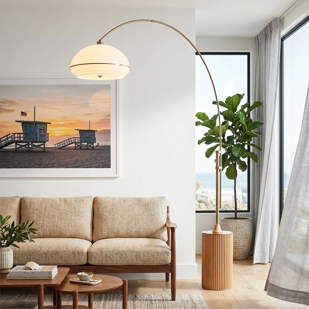Tambo Morelli 92" Arc Lamp - Weathered Brass, Natural Ash Base, Oval Lucite. Picture 2