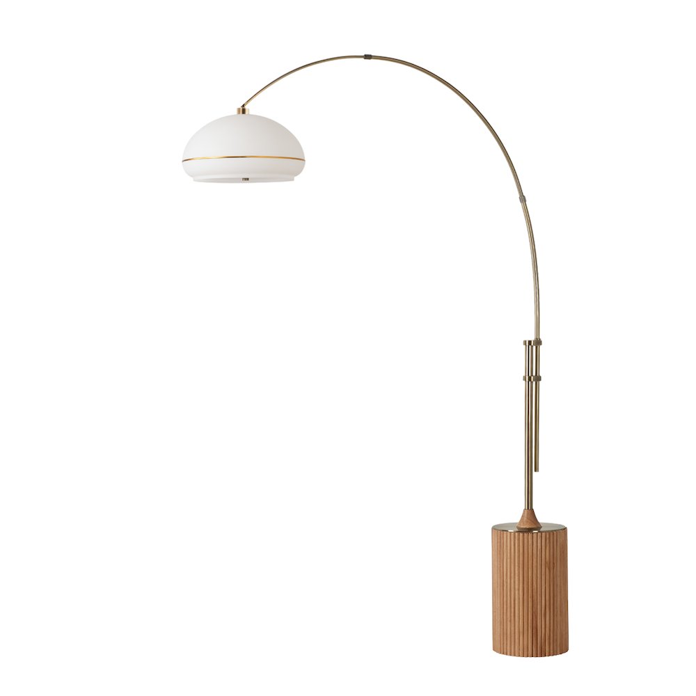 Tambo Morelli 92" Arc Lamp - Weathered Brass, Natural Ash Base, Oval Lucite. Picture 1