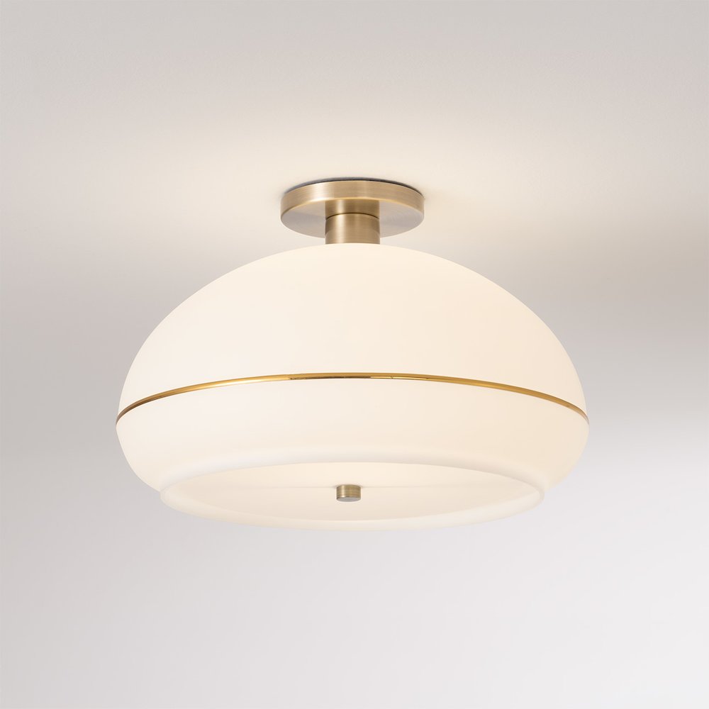 Morelli Flush Mount - Weathered Brass Steel, White Oval Lucite Shade. Picture 2