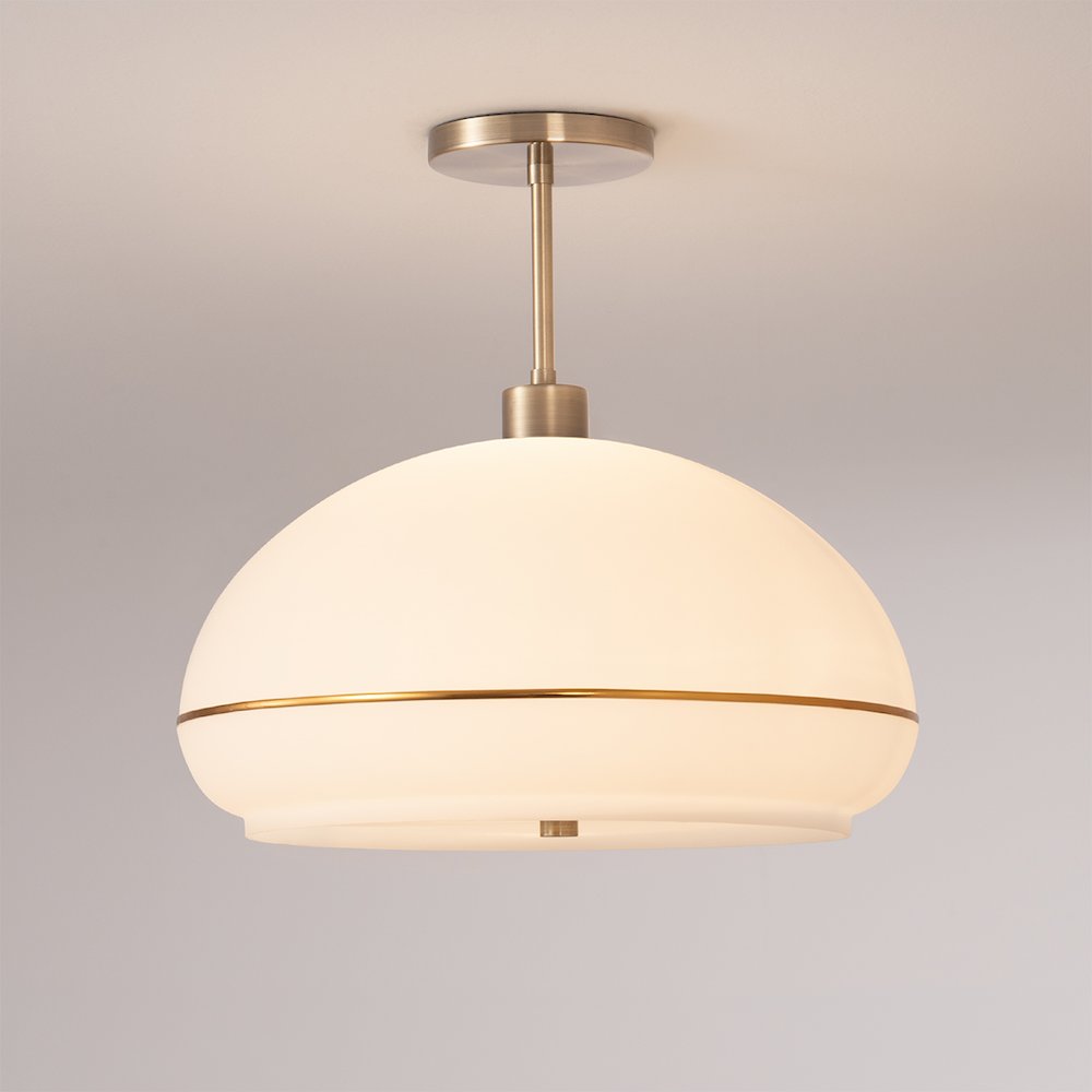 Morelli Semi-Flush Mount - Weathered Brass Steel, White Oval Lucite Shade. Picture 2