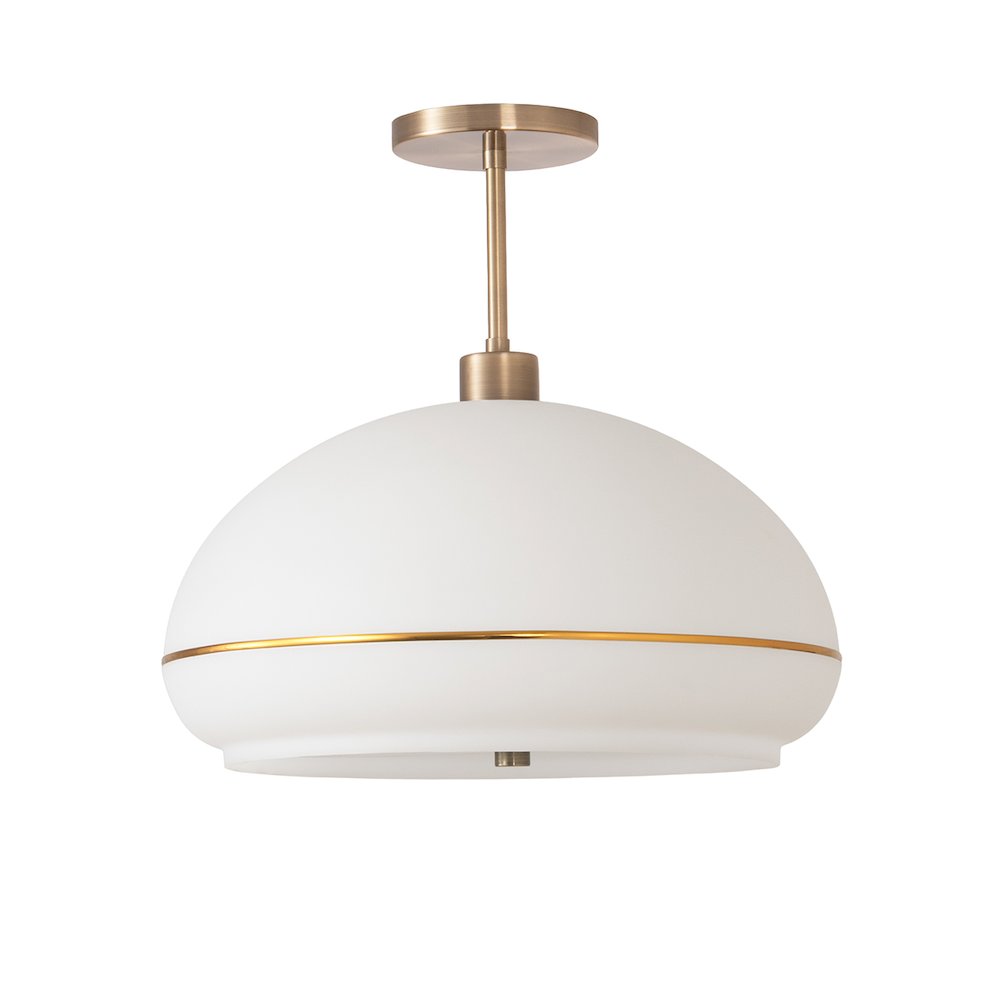 Morelli Semi-Flush Mount - Weathered Brass Steel, White Oval Lucite Shade. Picture 1
