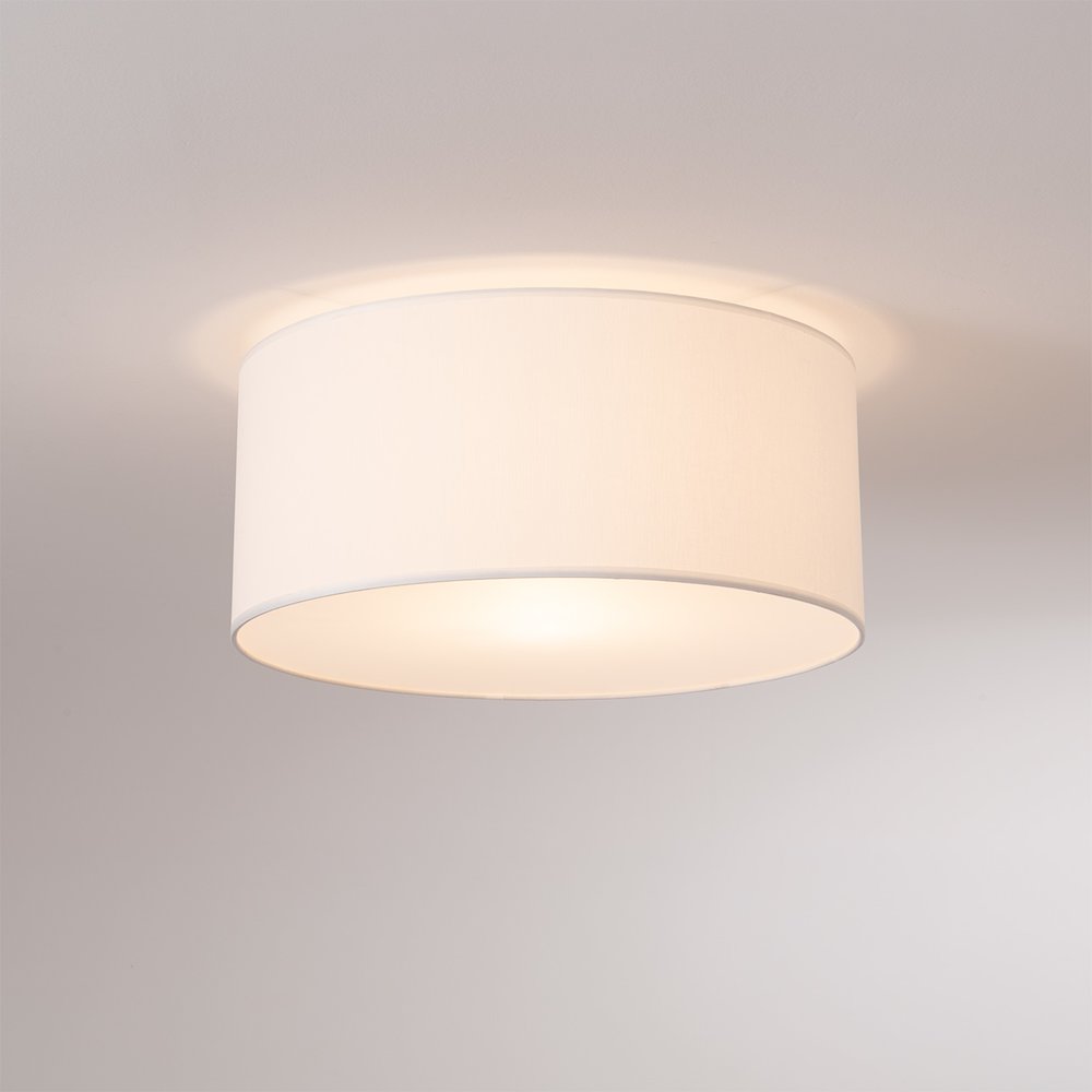 Stretch Flush Mount - Weathered Brass Steel, Steel Base, White Linen Drum Shade. Picture 2