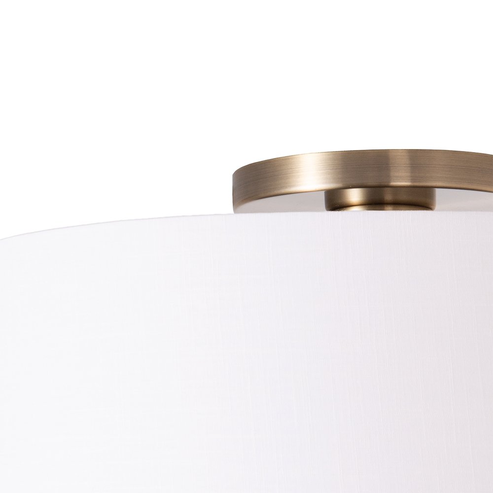 Stretch Flush Mount - Weathered Brass Steel, Steel Base, White Linen Drum Shade. Picture 3