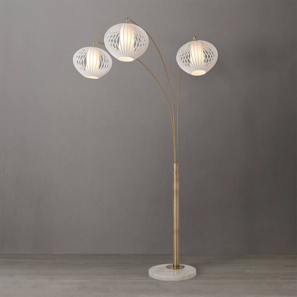 Bloom 3-Light Arc Floor Lamp - Weathered Brass, White Marble Base, White Satin. Picture 2