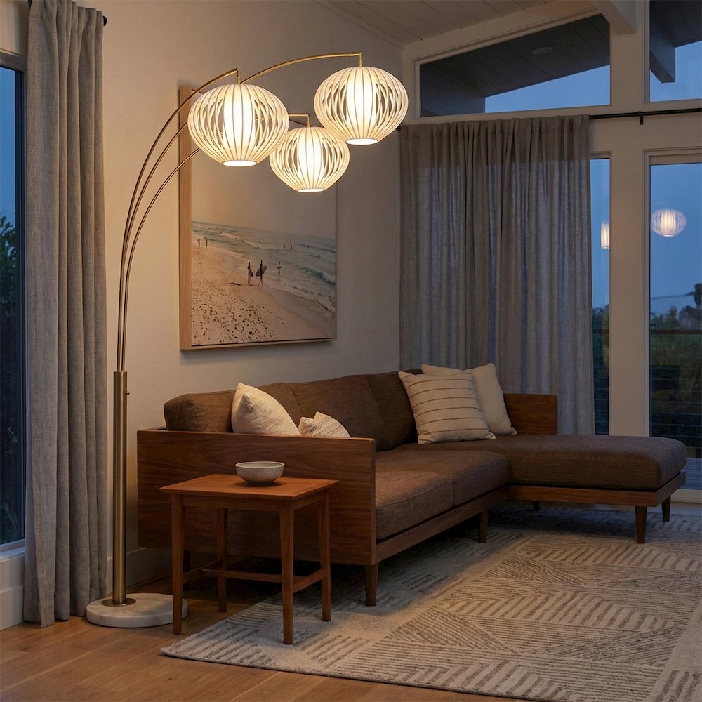 Bloom 3-Light Arc Floor Lamp - Weathered Brass, White Marble Base, White Satin. Picture 3