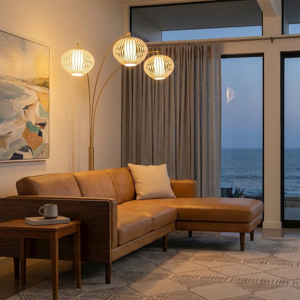 Bloom 3-Light Arc Floor Lamp - Weathered Brass, White Marble Base, White Satin. Picture 6
