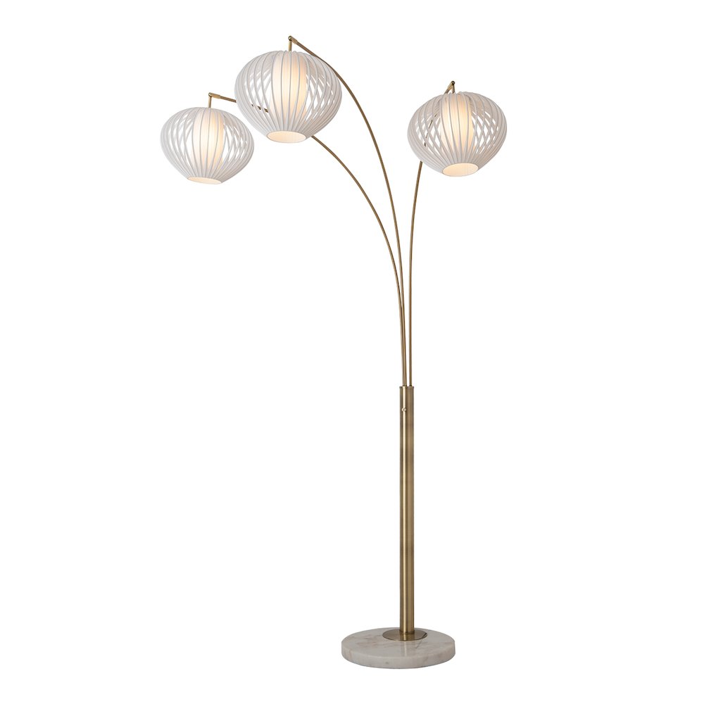 Bloom 3-Light Arc Floor Lamp - Weathered Brass, White Marble Base, White Satin. Picture 1