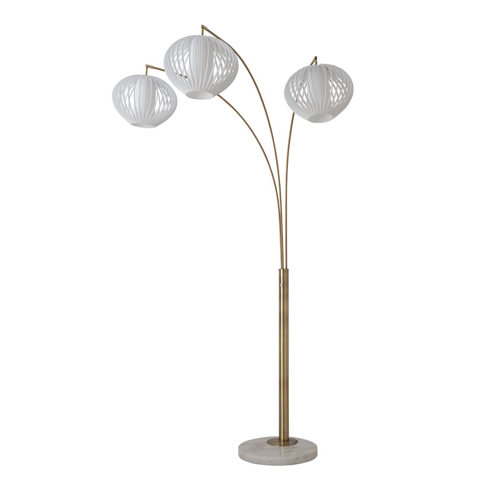 Bloom 3-Light Arc Floor Lamp - Weathered Brass, White Marble Base, White Satin. Picture 8