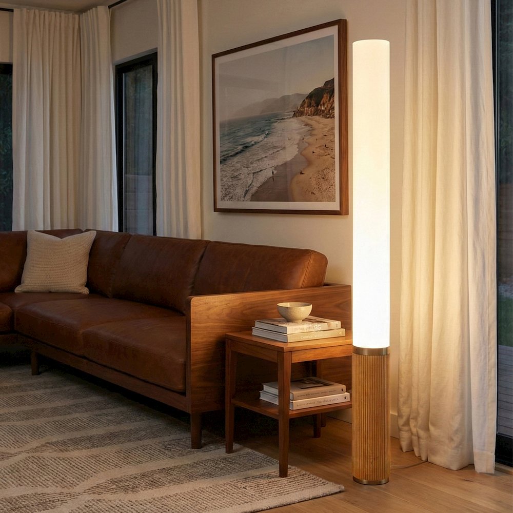 Tambo Cylindro, 60" Accent Floor Lamp, Natural Ash, Weathered Brass. Picture 3