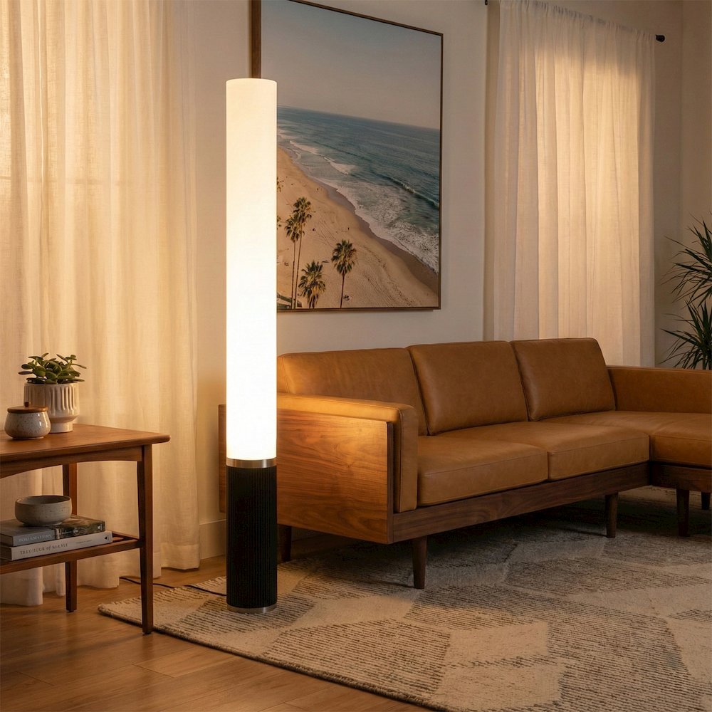 Tambo Cylindro 60" Accent Floor Lamp - Black Oak, Satin Nickel, Frosted Acrylic. Picture 3