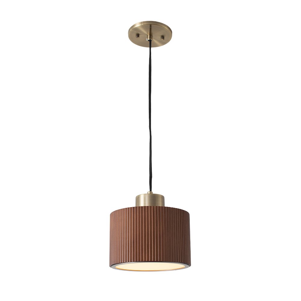 Tambo Pendant Light - Dark Walnut Wood Finish, Weathered Brass, 10" Diameter. Picture 9