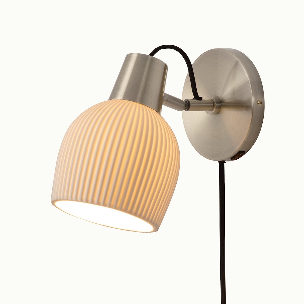 Petaluma Bone Porcelain Wall Sconce - Satin Nickel, Plug-in, Dimmer. Picture 1