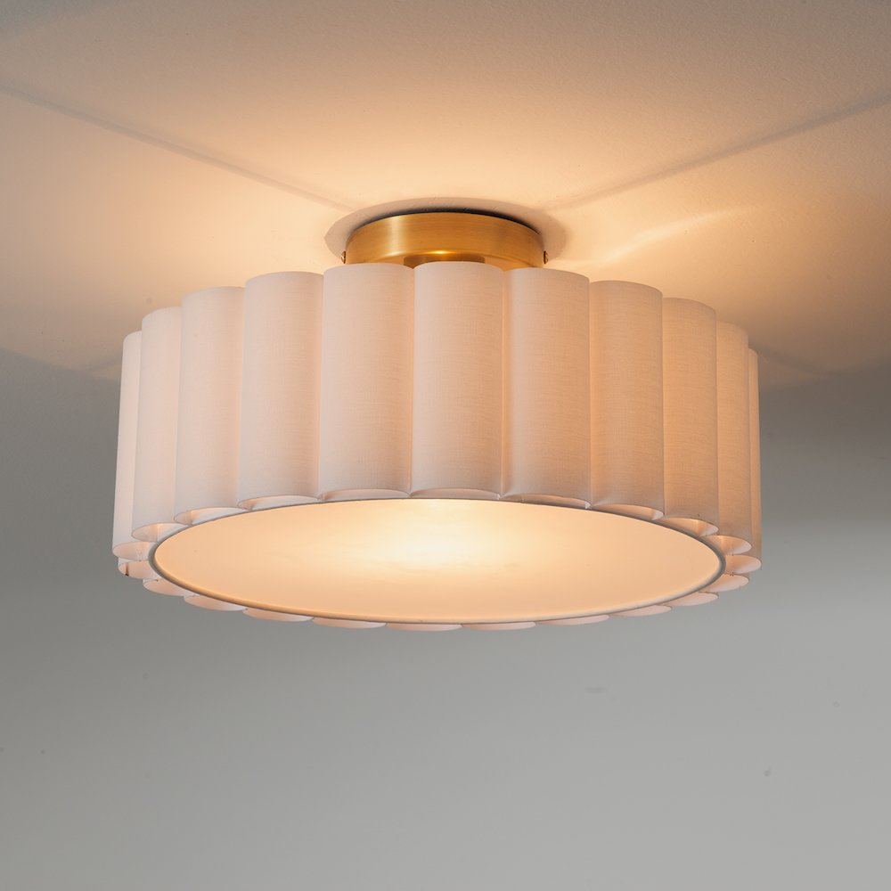 Scalloped, Flush Mount Lamp, Weathered Brass, White Linen, Diffuser. Picture 2