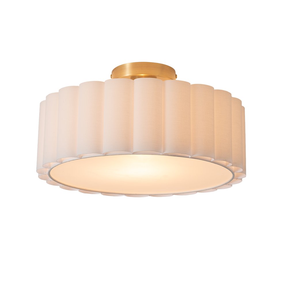 Scalloped, Flush Mount Lamp, Weathered Brass, White Linen, Diffuser. Picture 1