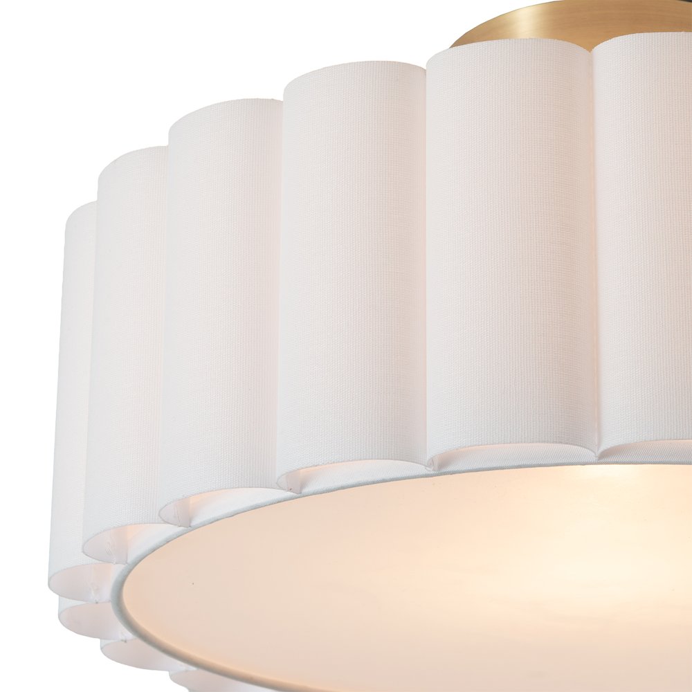 Scalloped, Flush Mount Lamp, Weathered Brass, White Linen, Diffuser. Picture 4
