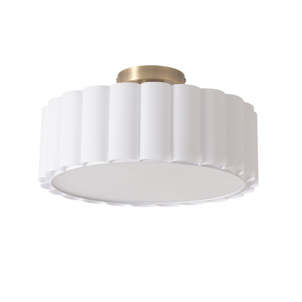 Scalloped, Flush Mount Lamp, Weathered Brass, White Linen, Diffuser. Picture 6