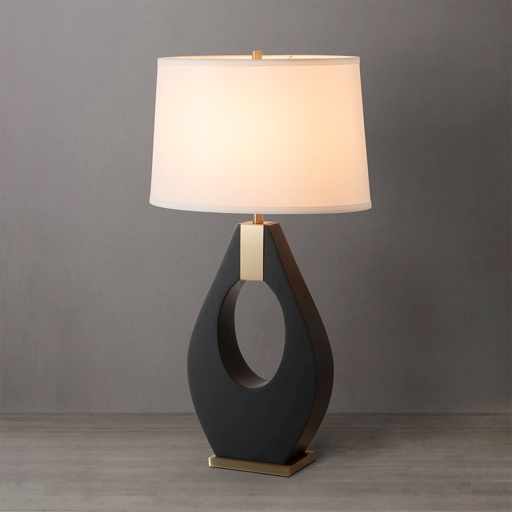Pearson Table Lamp - Ebony Wood, Weathered Brass, White Cotton-Linen Shade. Picture 6