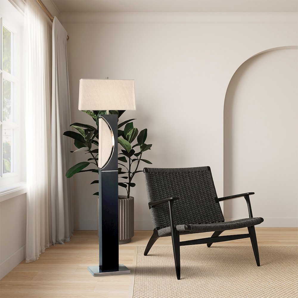 Half Moon Floor Lamp with Nightlight - Charcoal Gray, Etruscan Gold Linen Shade. Picture 2