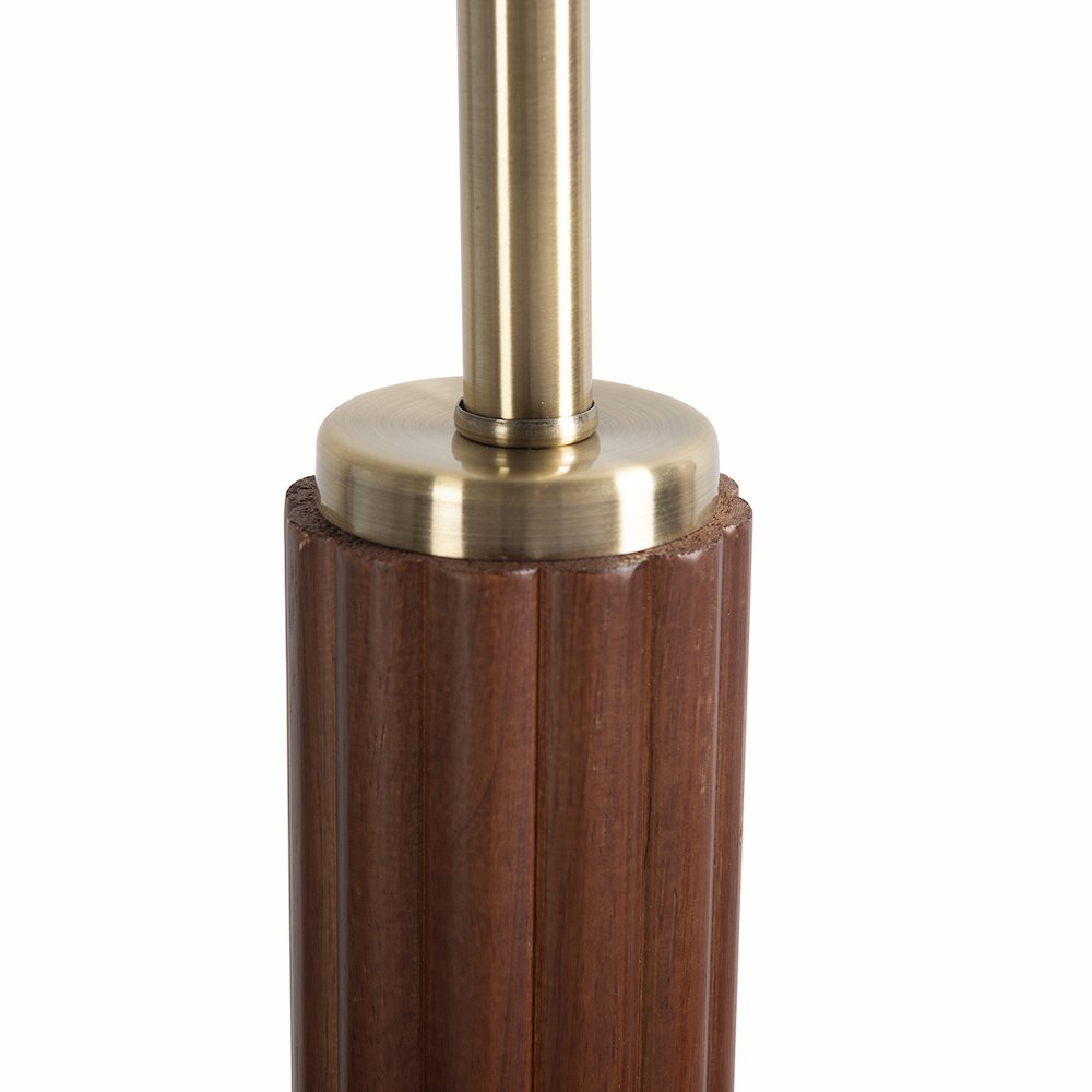 Tambo Floor Lamp - Dark Walnut Wood Finish, Weathered Brass, White linen Shade. Picture 1