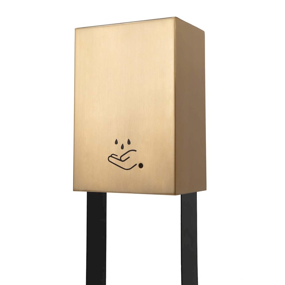 Luxe Tabletop Touchless Hand Sanitizer Dispenser - 21", Brushed Brass, Powermist. Picture 4