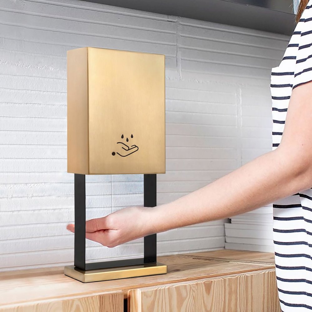 Luxe Tabletop Touchless Hand Sanitizer Dispenser - 21", Brushed Brass, Powermist. Picture 3