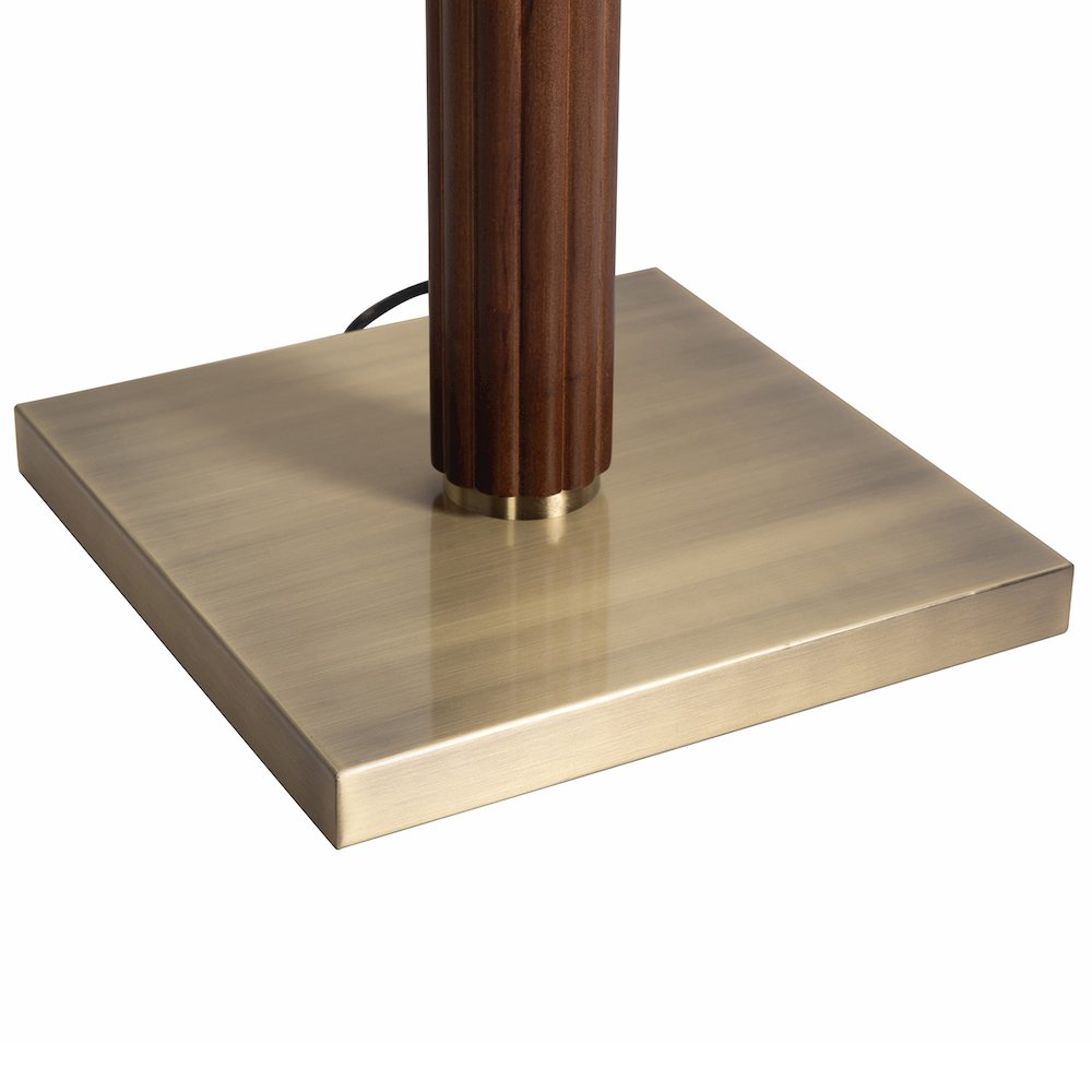 Tambo Torchiere Floor Lamp - Dark Walnut Wood Finish, Weathered Brass, Dimmer. Picture 1