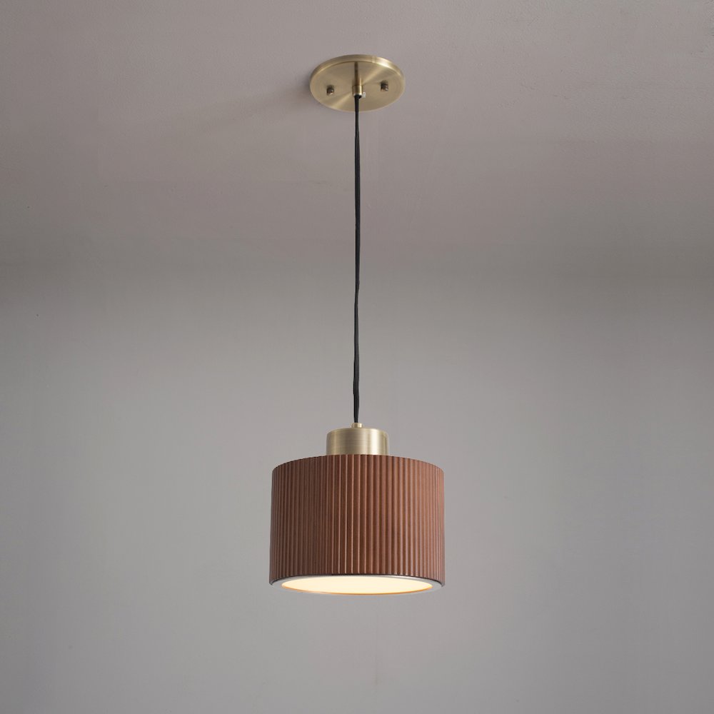 Tambo Pendant Light - Dark Walnut Wood Finish, Weathered Brass, 10" Diameter. Picture 5