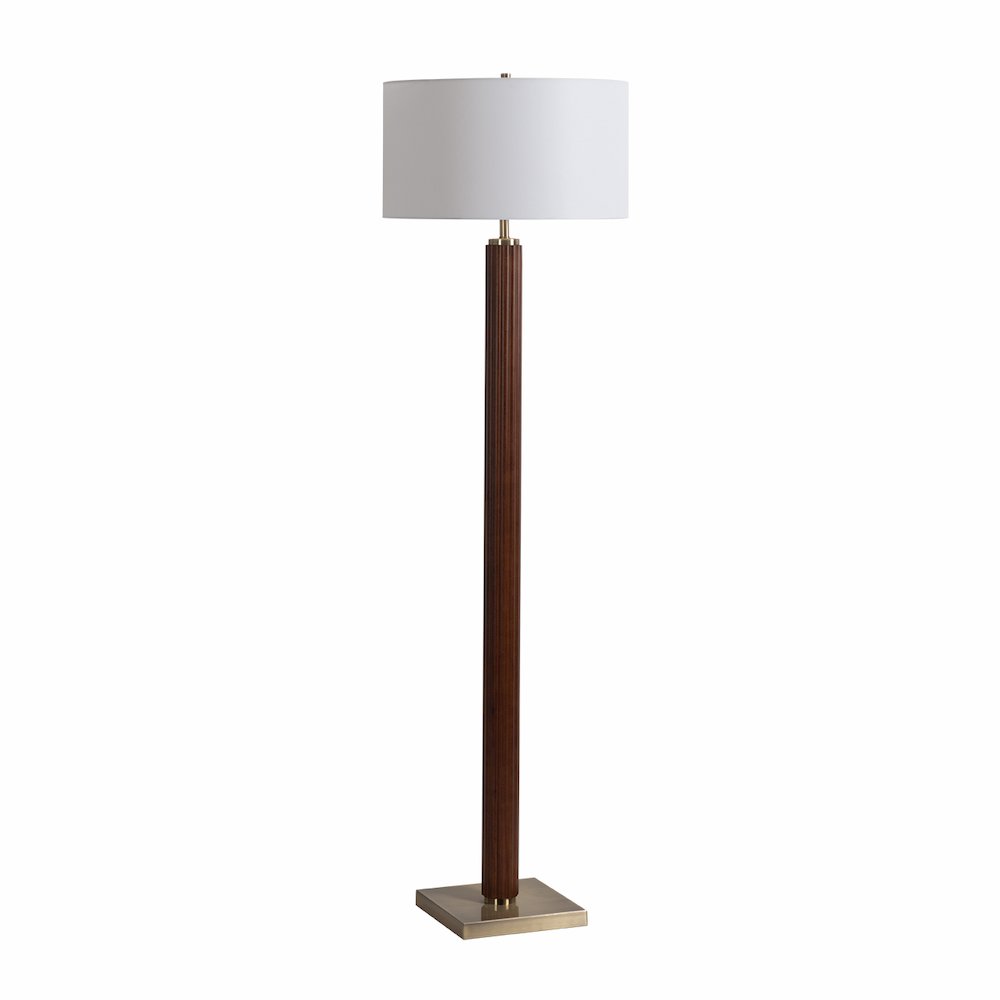 Tambo Floor Lamp - Dark Walnut Wood Finish, Weathered Brass, White linen Shade. Picture 5