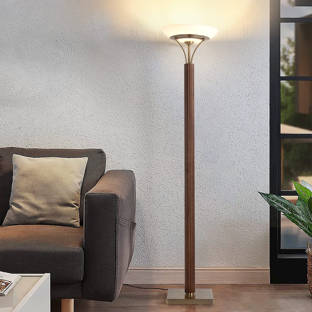 Tambo Torchiere Floor Lamp - Dark Walnut Wood Finish, Weathered Brass, Dimmer. Picture 6