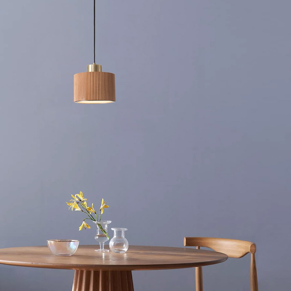 Tambo Pendant Light - Natural Ash Wood Finish, Weathered Brass, 10" Diameter. Picture 4