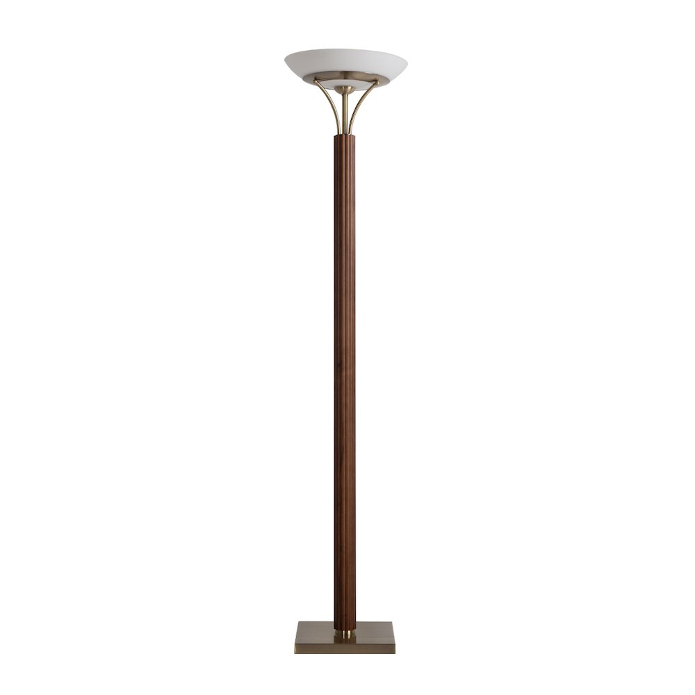 Tambo Torchiere Floor Lamp - Dark Walnut Wood Finish, Weathered Brass, Dimmer. Picture 5