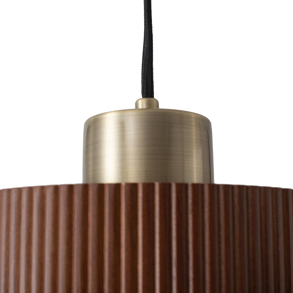 Tambo Pendant Light - Dark Walnut Wood Finish, Weathered Brass, 10" Diameter. Picture 1