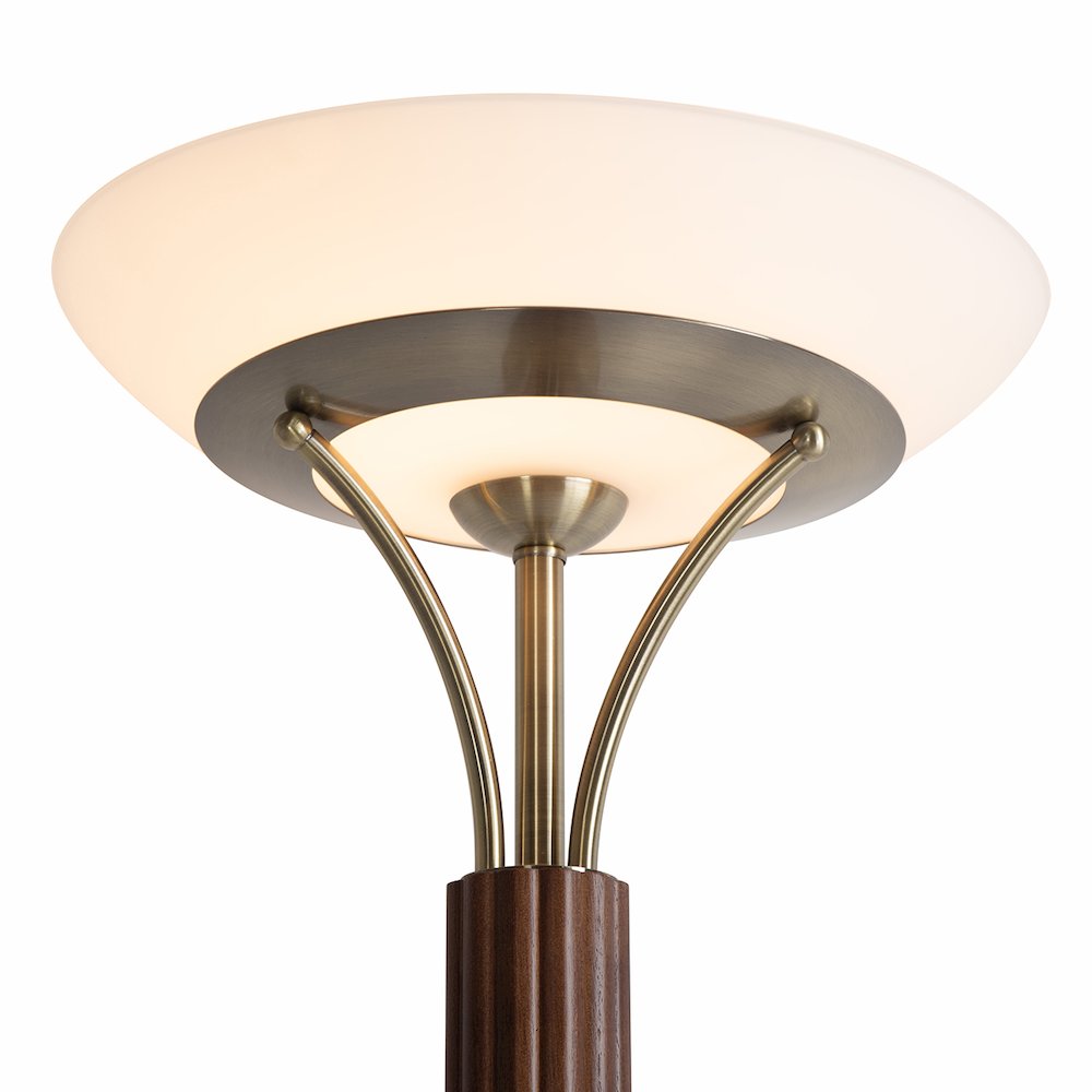 Tambo Torchiere Floor Lamp - Dark Walnut Wood Finish, Weathered Brass, Dimmer. Picture 12