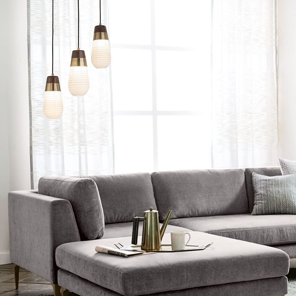Sunset 3 Light Pendant Lamp - 27", Weathered Brass & Walnut. Picture 6