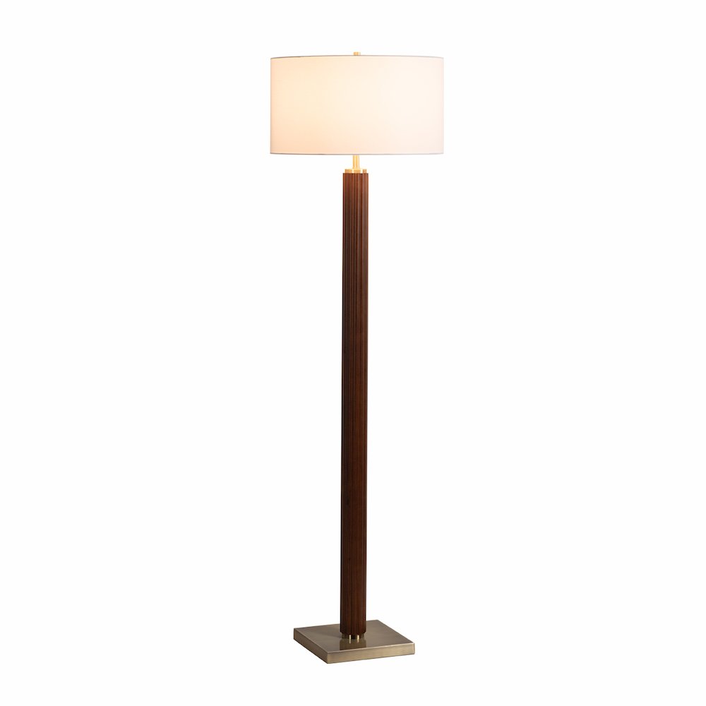 Tambo Floor Lamp - Dark Walnut Wood Finish, Weathered Brass, White linen Shade. Picture 11