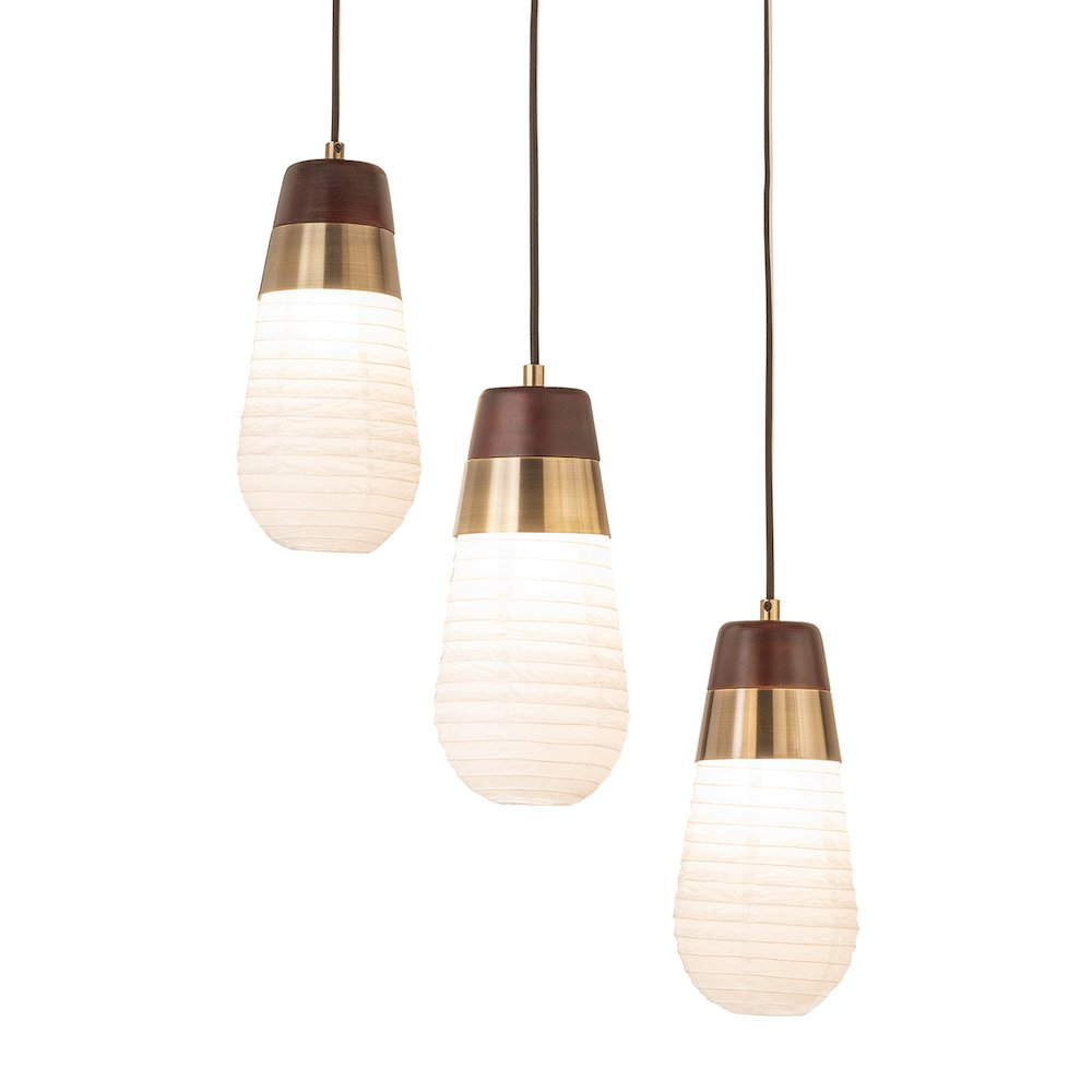 Sunset 3 Light Pendant Lamp - 27", Weathered Brass & Walnut. Picture 5